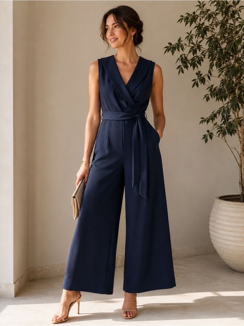 Tahari Arthur S. Levine Navy Blue Sleeveless Wide Leg Jumpsuit Size 12